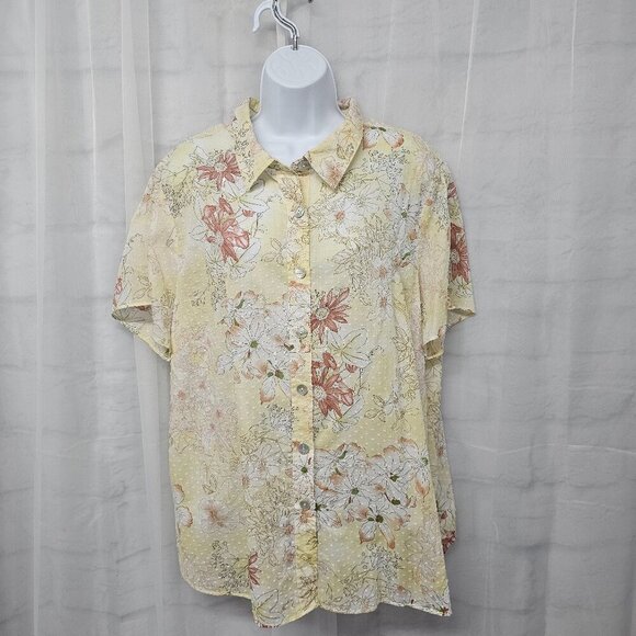 Yellow Salmon Floral Blouse Swiss Dot Boho Cottagecore 1X+ - Picture 1 of 9